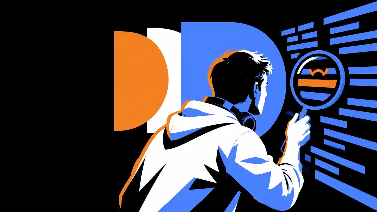 Illustration af en person, der med et forstørrelsesglas finder én orange kodelinje med et accenttegn blandt rækker af blå linjer.