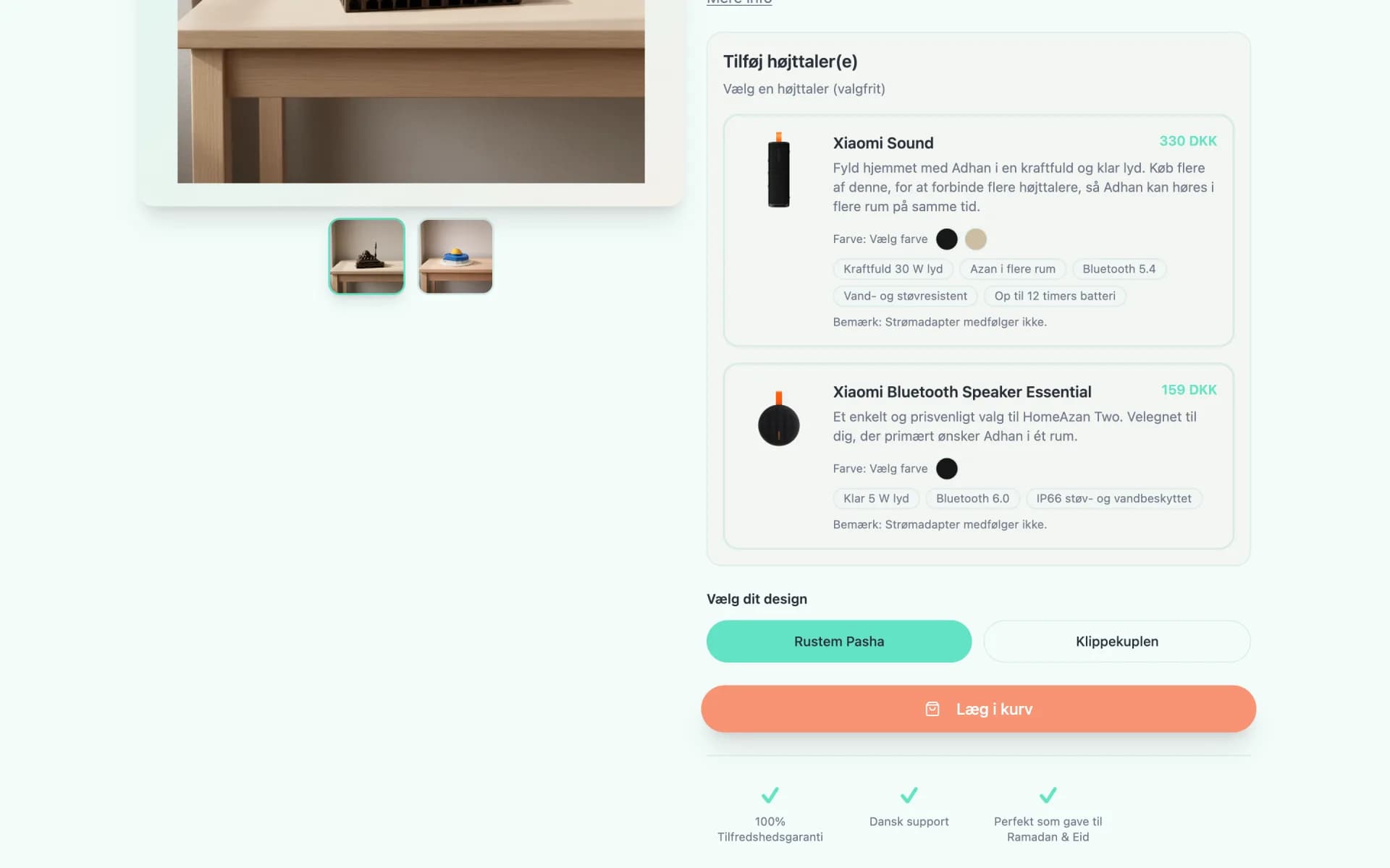 Shoppen med valg af højtaler og design og knappen Læg i kurv