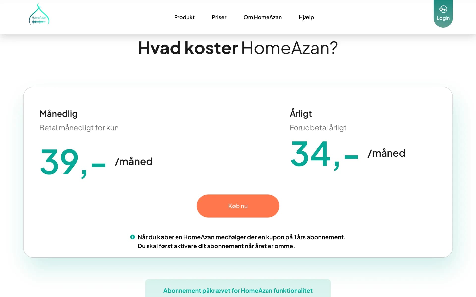 Prisafsnittet på homeazan.com med månedlig og årlig pris