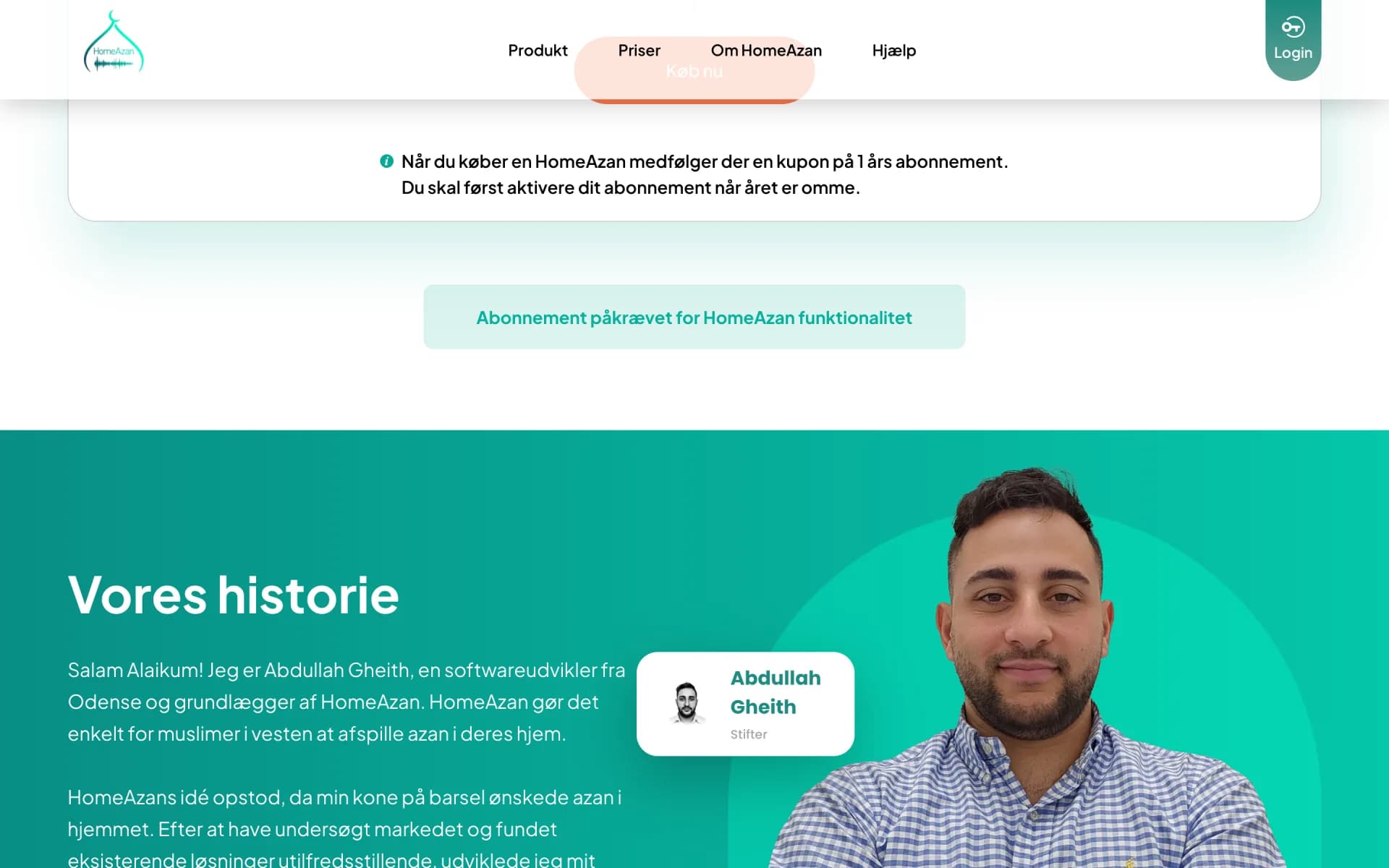 Afsnittet Vores historie på homeazan.com med Abdullah Gheith