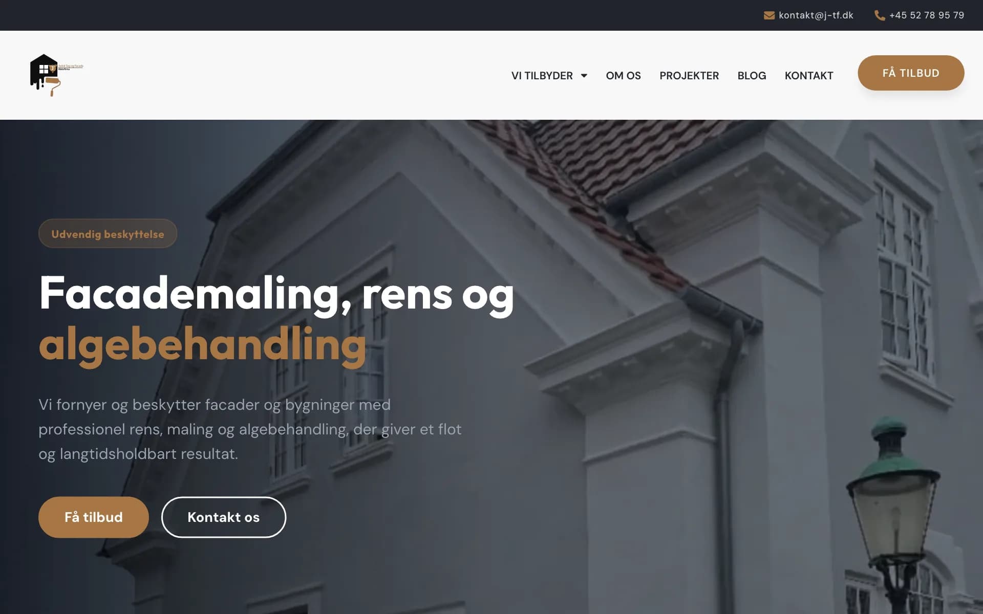 Forsiden af jydsktagogfacade.dk med overskriften Facademaling, rens og algebehandling