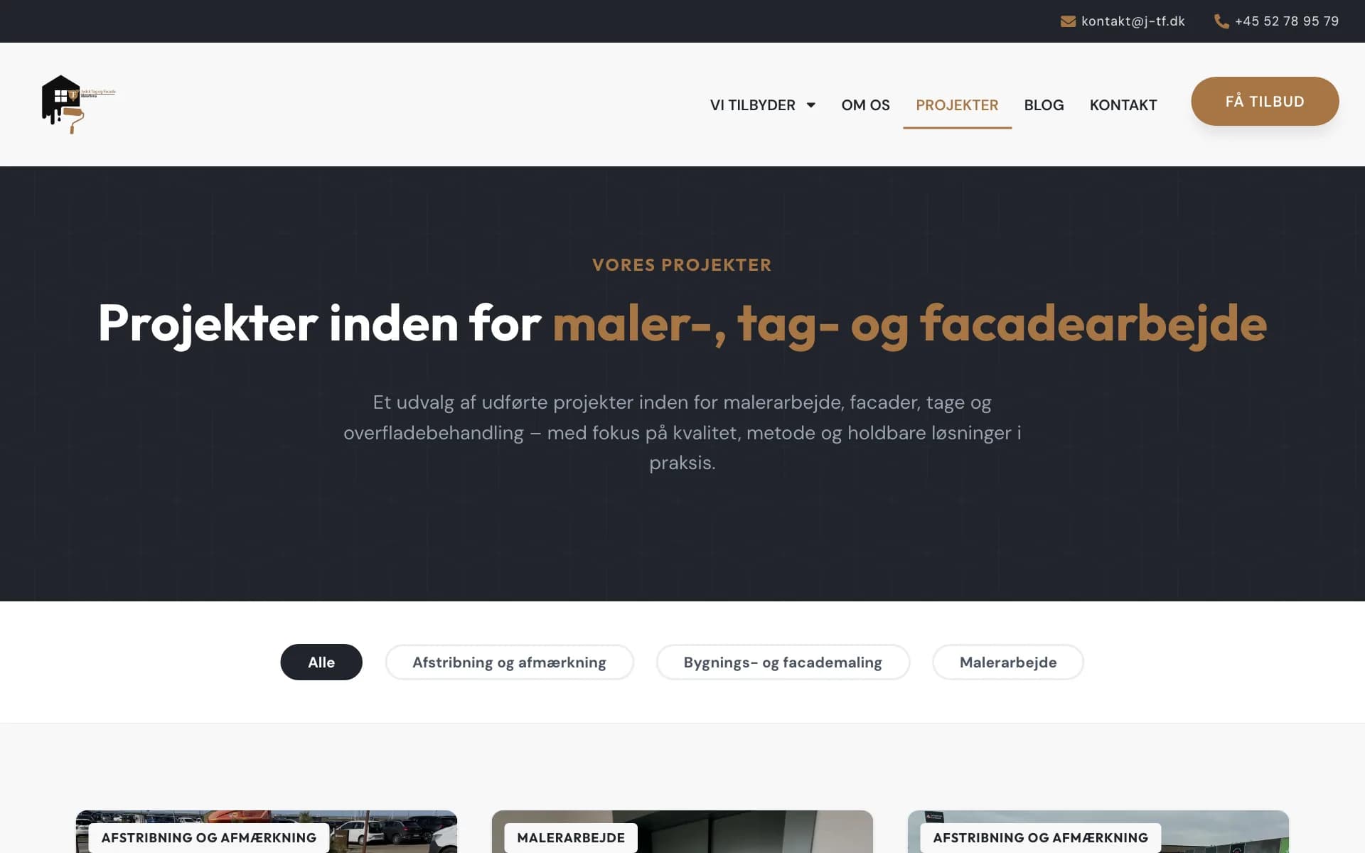 Projektsiden på jydsktagogfacade.dk med filtre efter type arbejde