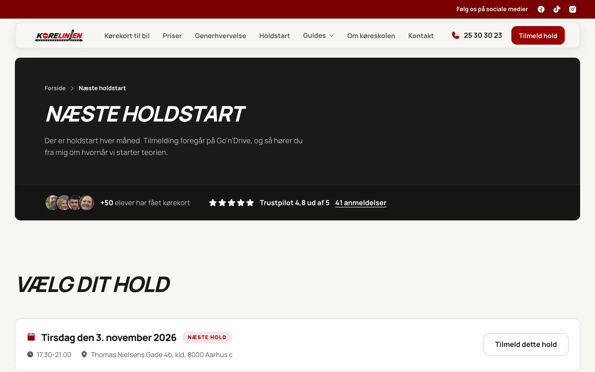 Siden Næste holdstart på korelinjen.dk med hold at vælge imellem