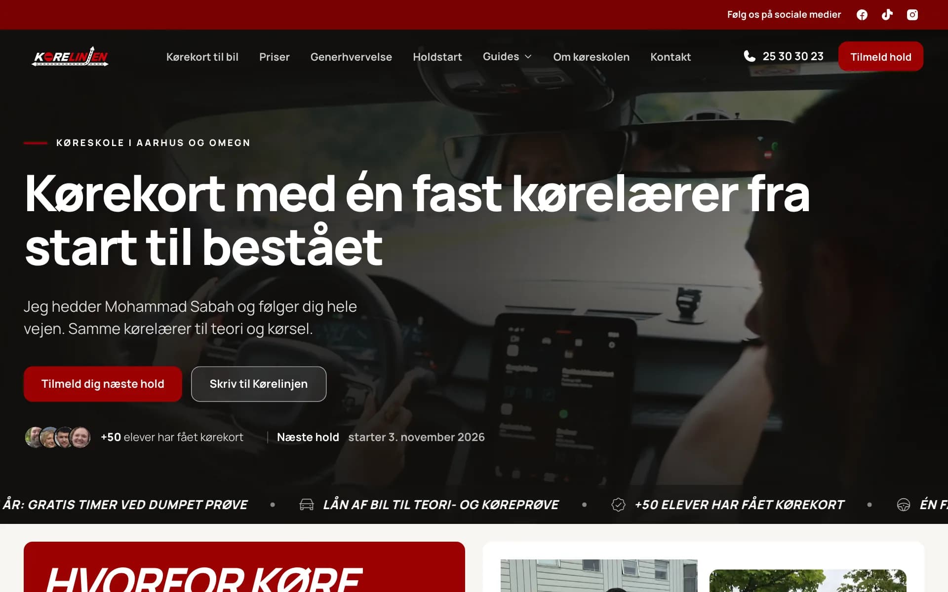 Forsiden af korelinjen.dk med overskriften Kørekort med én fast kørelærer fra start til bestået