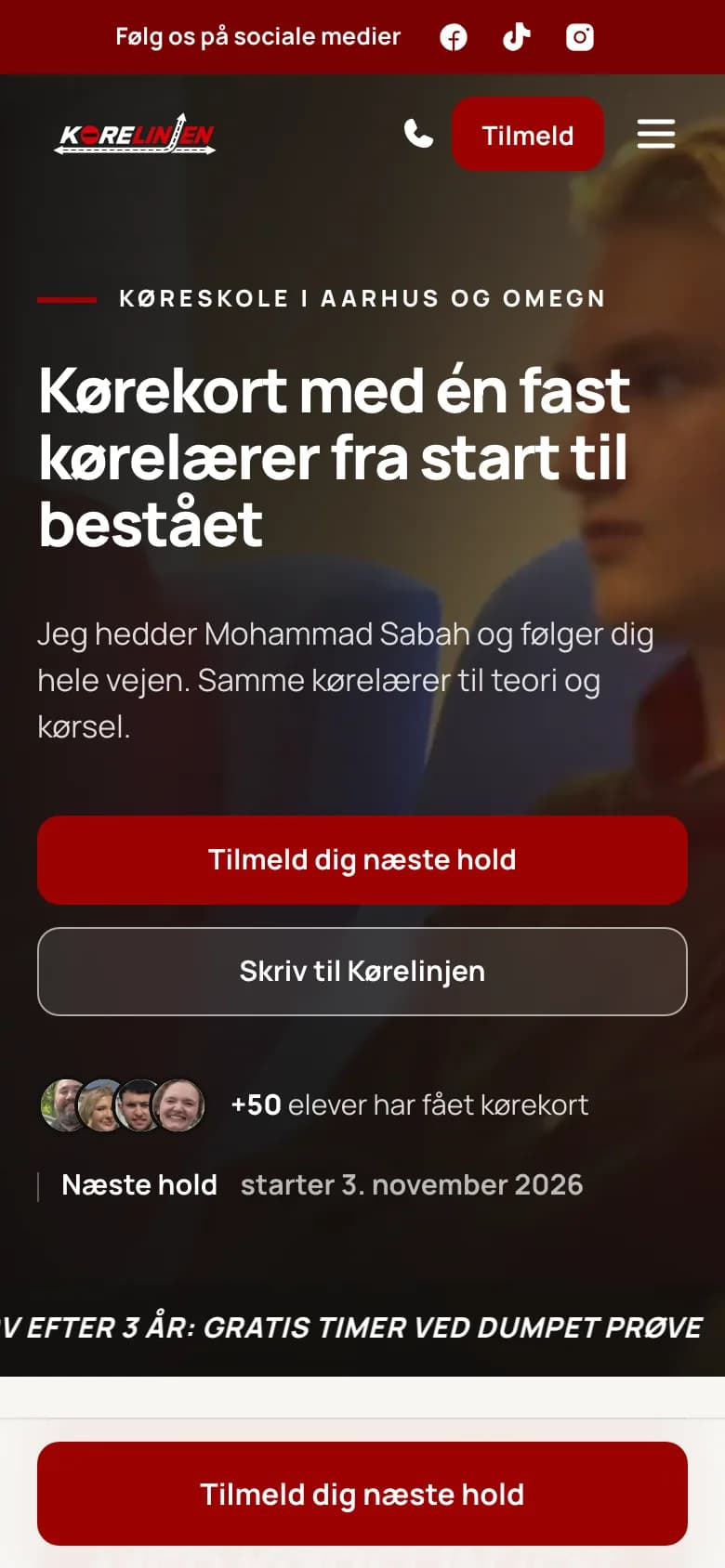 Forsiden af korelinjen.dk på en mobil