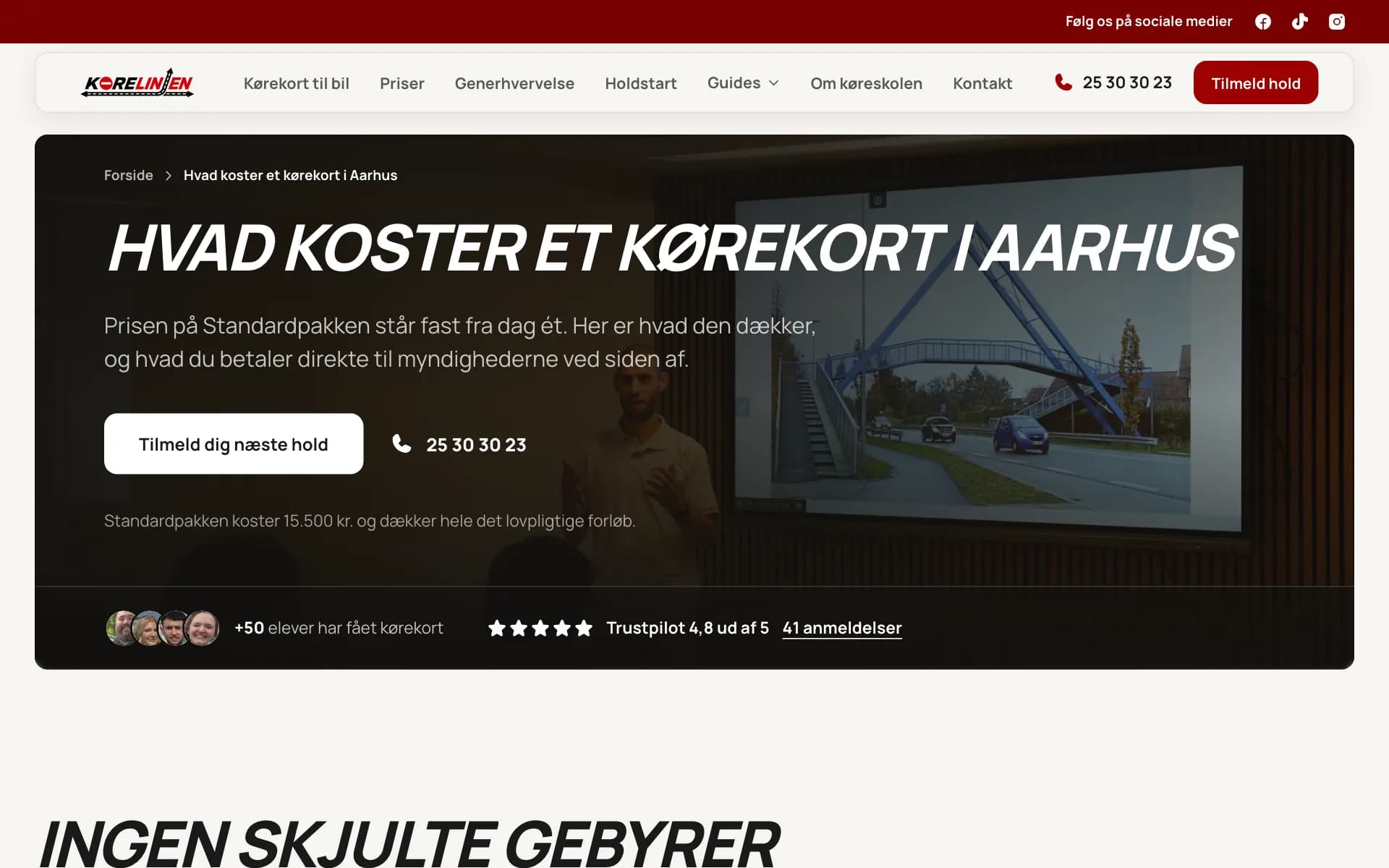Prissiden på korelinjen.dk med overskriften Hvad koster et kørekort i Aarhus